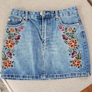 Embroidered Denim Skirt - Floral Design, Small, Like New